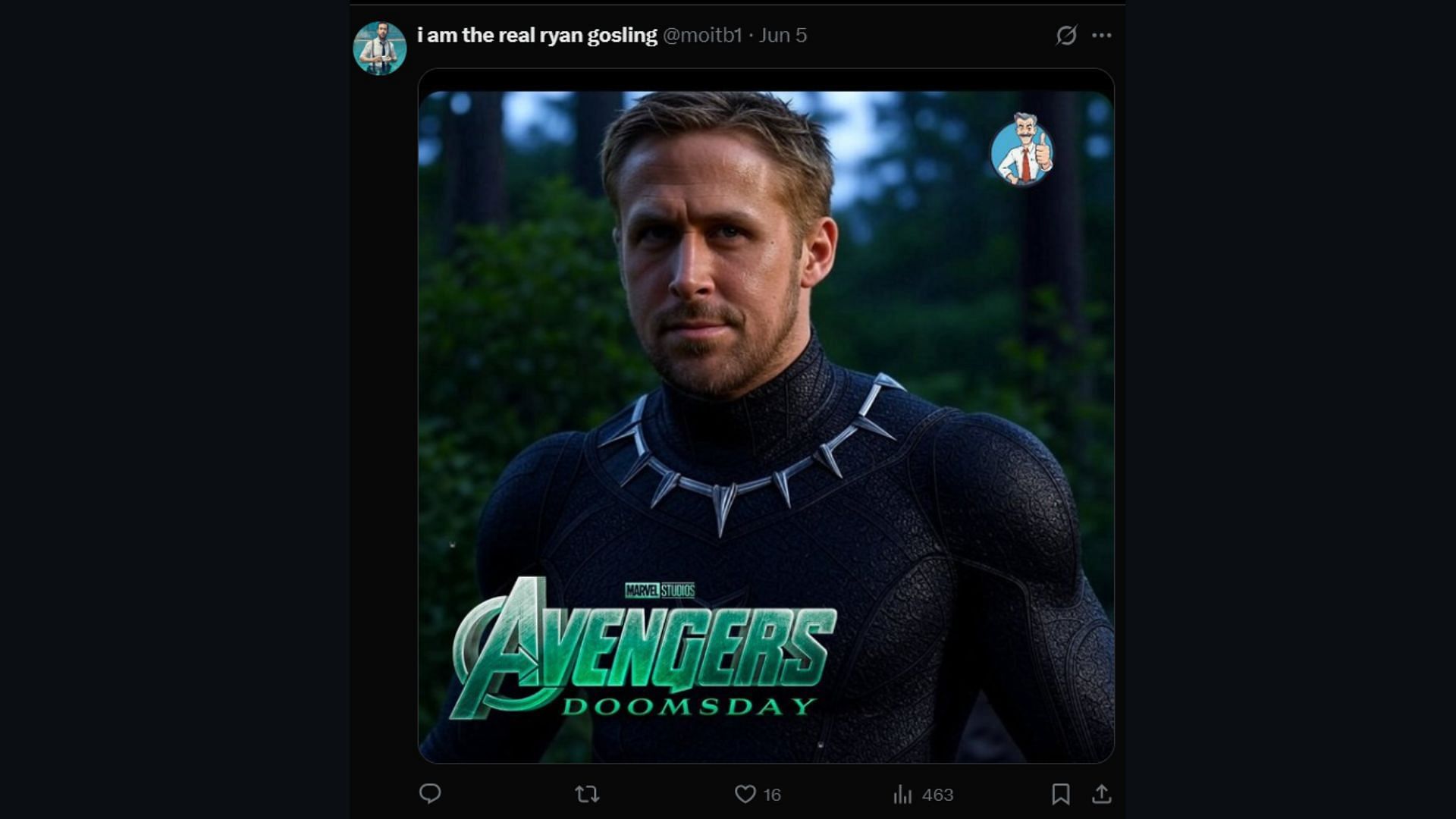 Fan shares thoughts on Ryan Gosling as Black Panther (Image via X/@moitb1)
